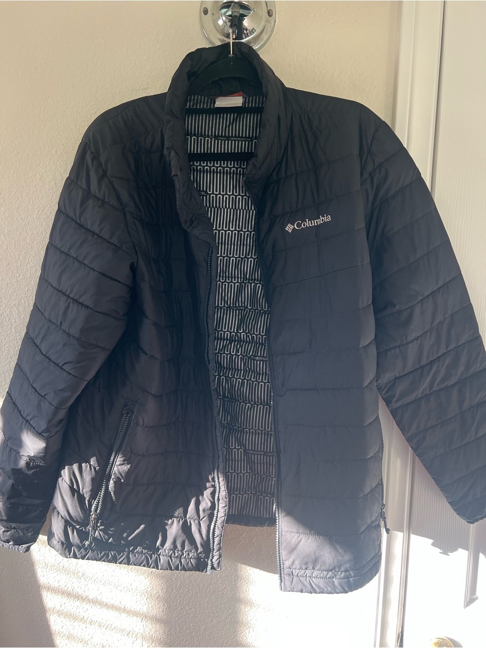Columbia Black Jacket with Striped Reflective Lining